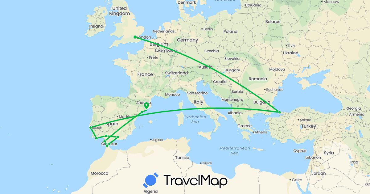 TravelMap itinerary: driving, bus in Spain, United Kingdom, Gibraltar, Morocco, Portugal, Turkey (Africa, Asia, Europe)